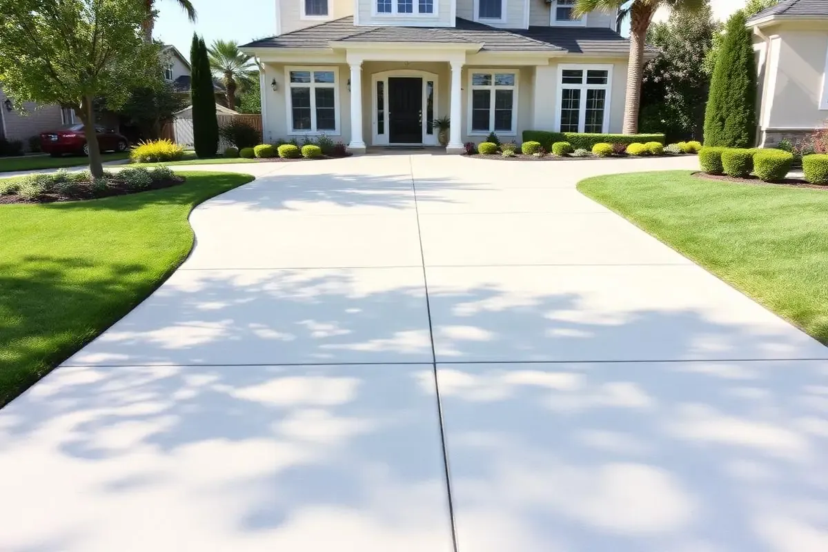 Bright, evenly cleaned concrete driveway after pressure washing