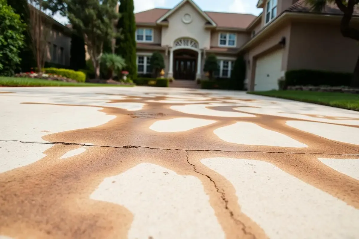 Concrete driveway heavily stained with dirt and grime before pressure washing