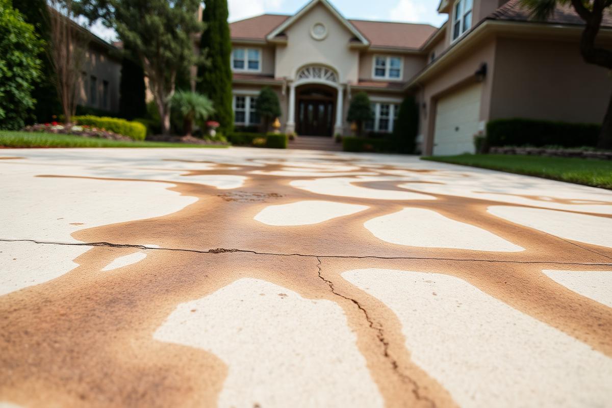 Concrete driveway heavily stained with dirt and grime before pressure washing