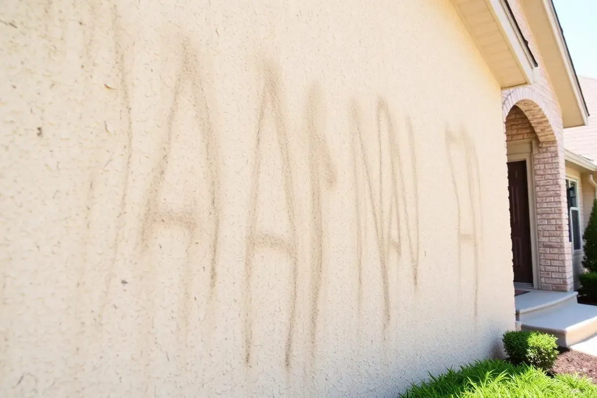 Stucco house exterior with dirt and algae streaking before soft washing