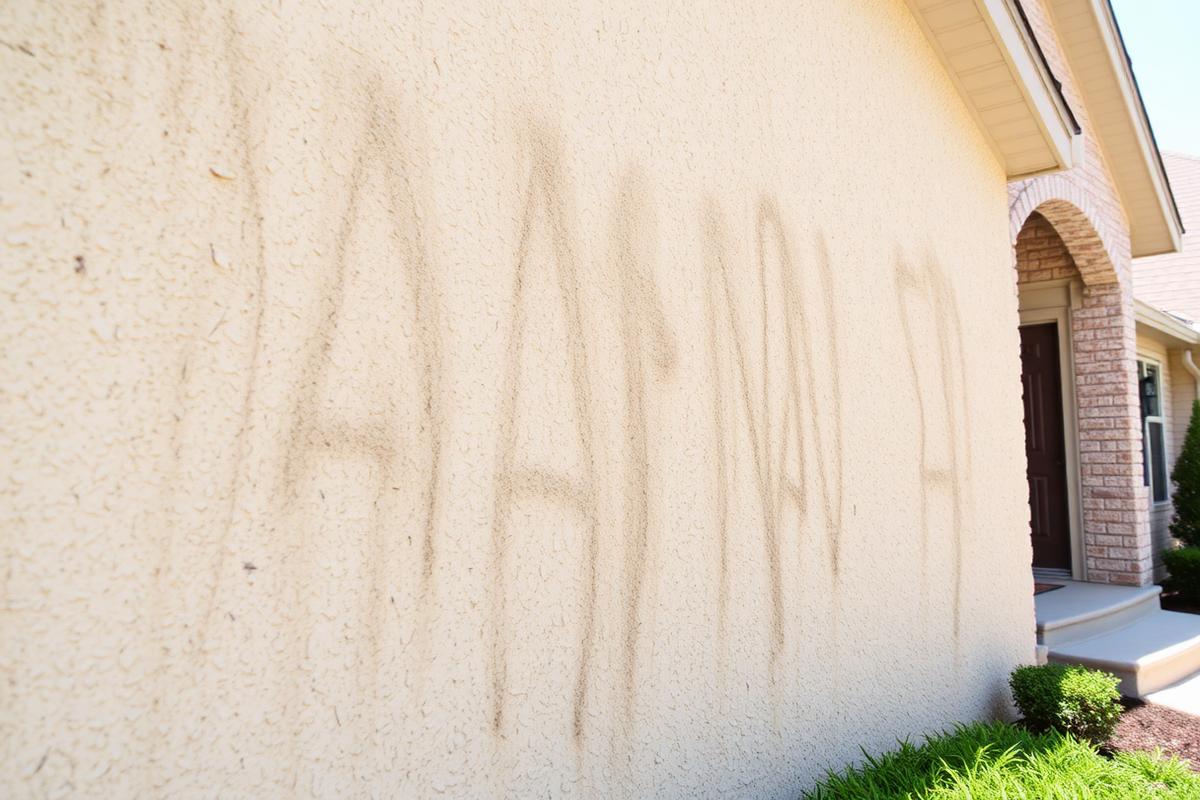 Stucco house exterior with dirt and algae streaking before soft washing