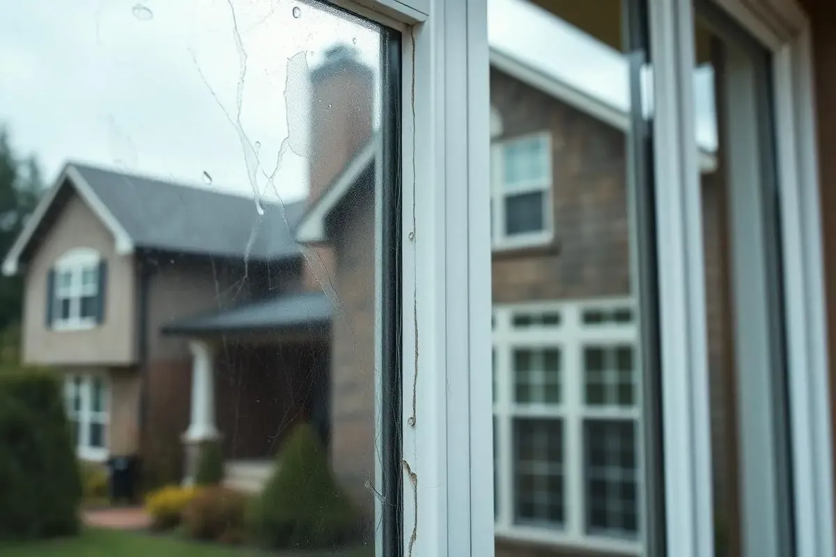 Residential window with dust, streaks and hard-water spotting before cleaning